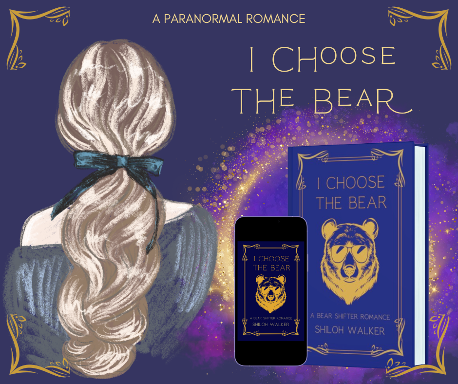 purple banner with a woman facing away, hair in a bow and an off the shoulder top. Gives a whimsical look. Two book mock-ups with a bear wearing sunglasses on the cover. Title reads: I Choose the Bear