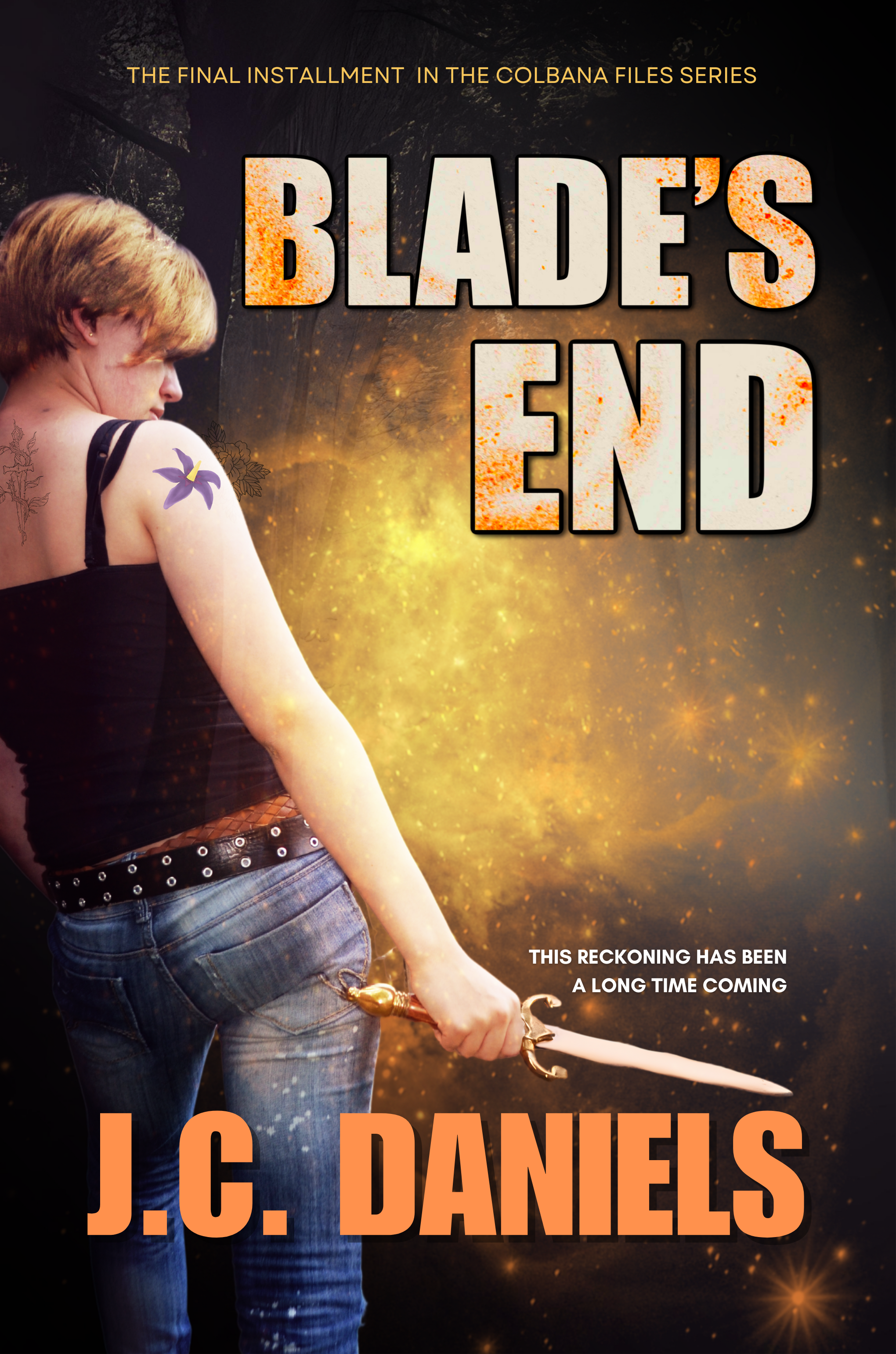 Young woman holding a blade, set against a mystic golden background, Text reads "Blade's End'