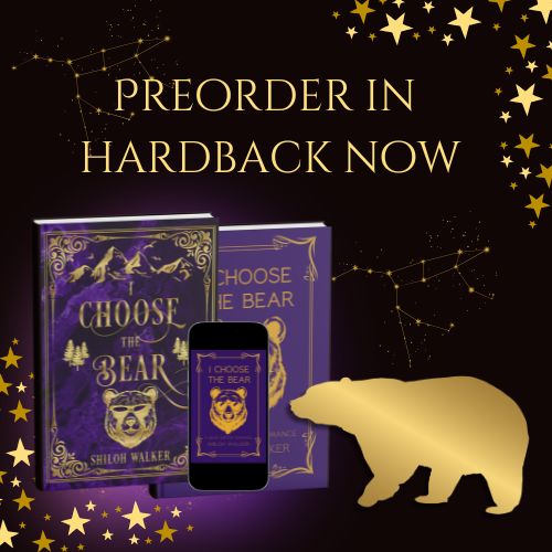 dark purple square graphic with covers of I CHOOSE THE BEAR. Shows a bear in sunglasses.

Text reads: Preorder in Hardback now.